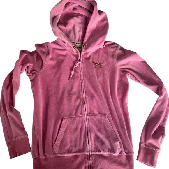 Y2K Victoria's Secret Love Pink Velour Hoodie bubblegum Pink Gold Sequin Medium - Picture 2 of 12